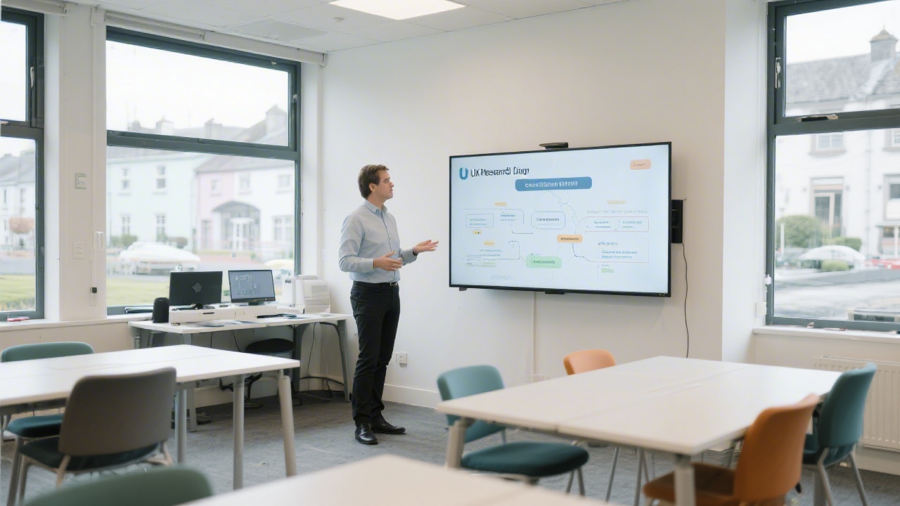 Bright Galway training space with large windows, collaborative tables, and a presenter standing beside a digital screen showing a UX research plan.