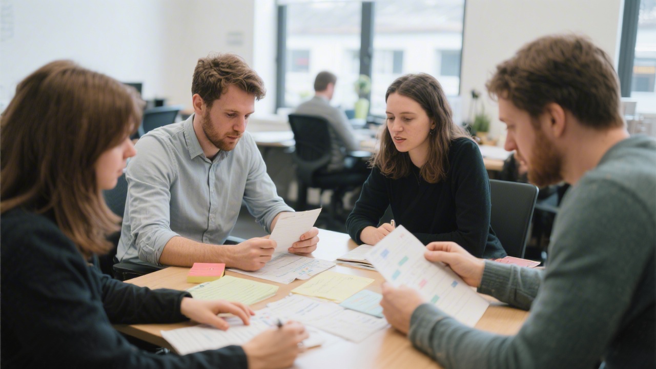 Small group in a research lab reviewing interview notes on printed sheets, with a facilitator guiding how to capture insights and organise themes.